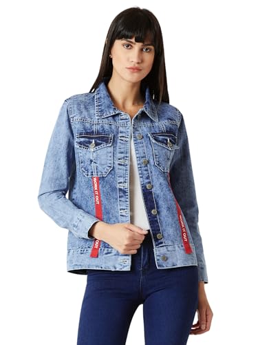 Image of Miss Chase Women's Polo Neck Full Sleeves Patch Pocket Denim Overcoat Knee-Length Jacket