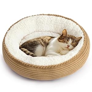 Love’s cabin Round Donut Cat and Dog Cushion Bed, 20in Pet Bed for Cats or Small Dogs, Anti-Slip & Water-Resistant Bottom, Super Soft Durable Fabric Pet beds, Washable Luxury Cat Dog Bed Stripe Camel