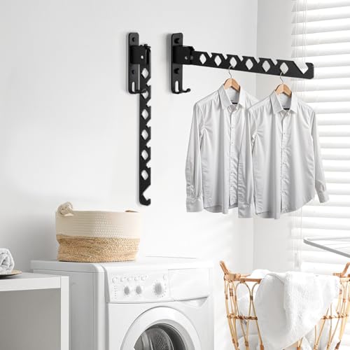 MBAIYO 3 Pack Black Wall Mount Coat Hanger Holder, Retractable Folding Clothes Hanging Rack Aluminum Coat Hanger Wall Mount Clothes Drying Rack Space Saver for Laundry Room Bedroom Indoor by MBAIYO - Used condition - Image 3