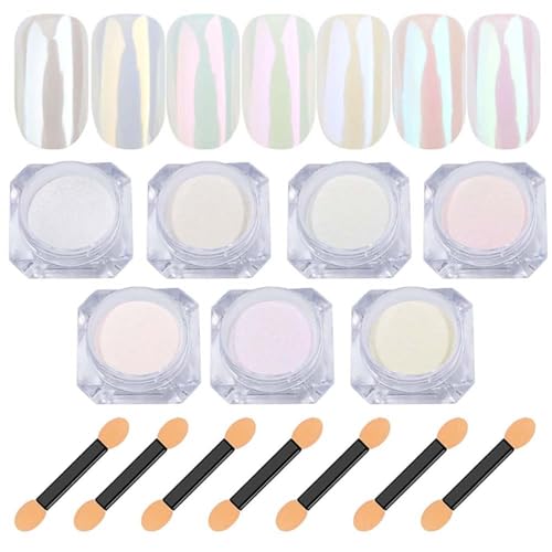 Image of 7 Colors Pearl Chrome Nail Powder Iridescent Aurora Powder Metallic Mirror Effect Glitter Powders Pearlescent Ice Transparent Mermaid Pigment Dust for Gel Polish Nail Art Decoration