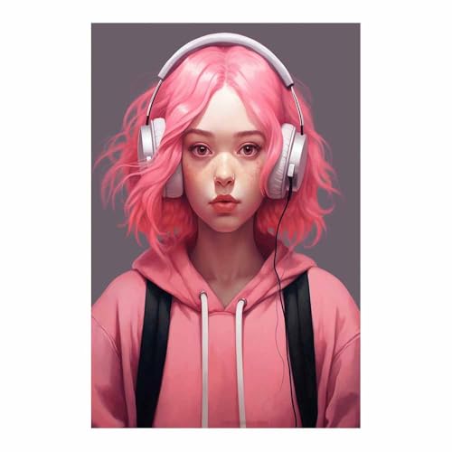 Portrait casque cheveux roses tableau decoration murale retro 70x100