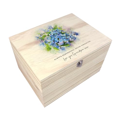 Personalised Watercolour Forget-Me-Not Keepsake Box | Bereavement & Sympathy Gift | Funeral Memorial Storage | Solid Natural Wood Remembrance Box | Custom Floral Tribute | W16cm x D11cm x H9cm