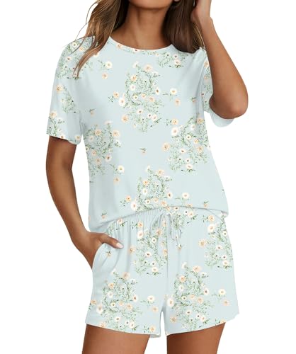 Image of Ekouaer Pajama Set for Women Viscose from Bamboo Short Sleeve Tops and Shorts Set 2 Piece Lounge Set