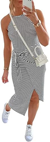 NOLLSOM Women Casual Sleeveless Striped Bodycon Tank Midi Dresses Crew Neck Ruched Tie Waist Elegant T Shirt Summer Dress (Large, Striped Black)