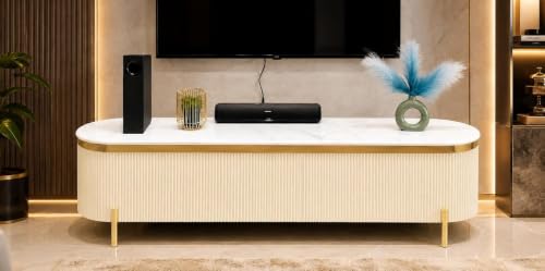 Image of Mazzo Modern TV Unit /Console - 70 inchx12 inchx18 inch White Marble Top with Golden Acrylic, Waterproof Plywood & Charcoal Louvers - Media Cabinet | Modern TV Stand Console Without Storage (Ivory)