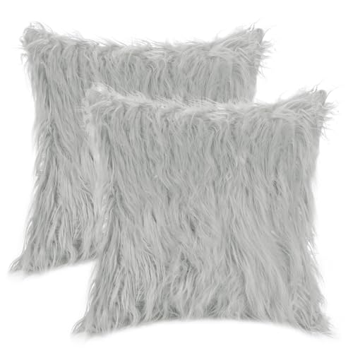 Uxcell Shaggy Cushions Pack of 2 Faux Fluffy Throw Pillow Covers for Sofa Bedroom Sofa Home Decor Light Grey 45 x 45 cm