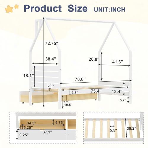 Image of Twin Size House-Shape Platform Bed with Headboard and 2 Storage Drawers, Montessori Wood Bed Frame with Roof and Chimney Design, No Box Spring Needed, Easy Assembly (White-06, Twin)
