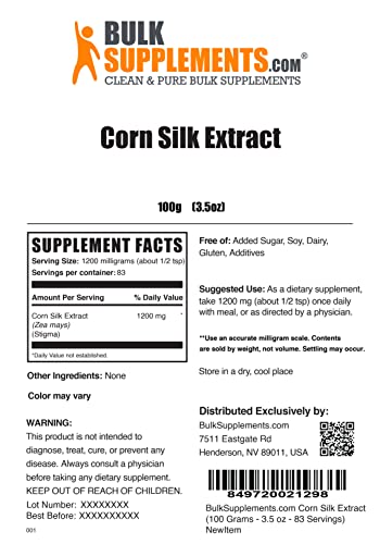Bulksupplements.com Corn Silk Extract Powder - Herbal Supplement, Zea Mays - Pure, Gluten Free - 1200Mg Per Serving, 83 Servings (100 Grams - 3.5 Oz) #TOP1