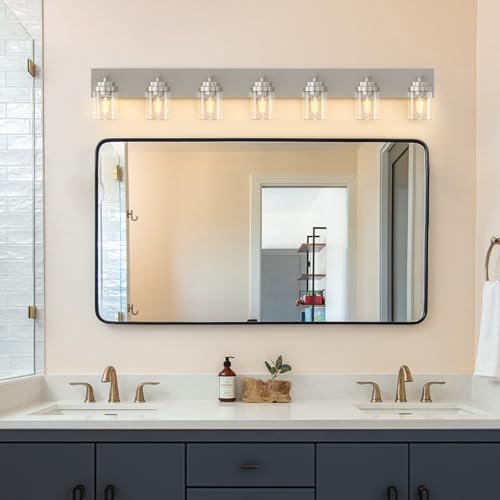 Image of IZORRO Bathroom Vanity Light Fixture, 7-Light 52 inch Brushed Nickel Bathroom Light Fixtures Over Mirror, with Clear Glass Shade, Modern Farmhouse Vanity Lights, Rustic Restroom Lighting Fixtures