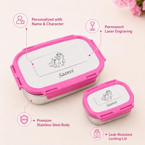 Image of SAVRI Personalized Stainless Steel Big Lunch Box with Small Container with Your Child Name and Favourite Character Engraved for Kids Students Birthdays Return Gift Four Lock Tiffin Box (Pink)