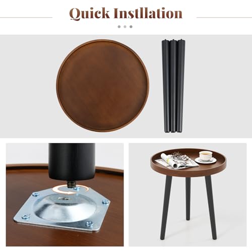 Giantex Round End Table, Mid Century Modern Side Table with Wooden Tray & Bamboo Legs, Sofa Couch Accent Table, Small Coffee Table for Small Space Living Room, Nightstand for Bedroom, Walnut - Image 4
