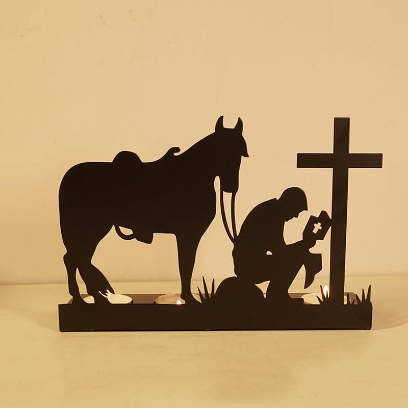 Tea Light Candle Holder, Metal Tealight Candle Holder, Man and Horse Cross Ornament Candle Holder Iron Candlestick Holder Ornament Home Decor for Living Room Bedroom Bathroom Office