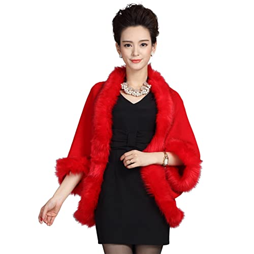 ELFJOY Bridal Faux Fur Shawl Red Fur Coat Women Luxury Faux Fur Wrap for Evening Dresses Winter Cashmere Fur Cape for Wedding Evening Party