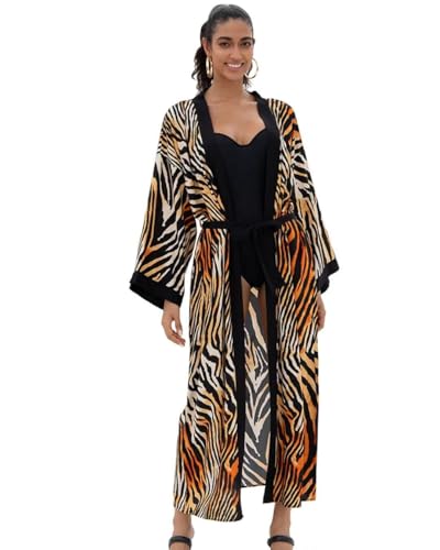 Tiger Print Long Kimono Cardigan for Women – Swimsuit Cover Up Beach Robe – Lightweight Open Front Bathing Suit Coverup, For under 150 lbs