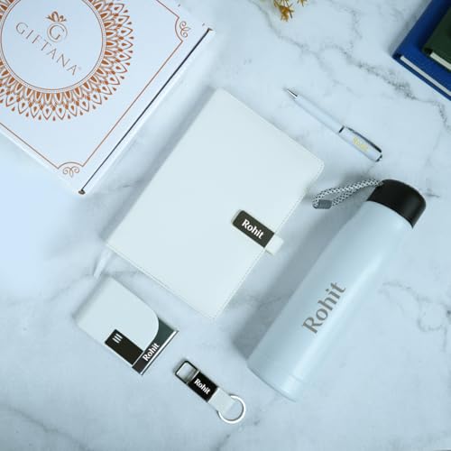Image of Giftana Personalised Pen, Diary, Bottle 500ml, Card Holder, Keychain with Name, 5 in 1 Customized Name Birthday Gift Set for Doctors and Husband, Customised Corporate Gift for Employee - White