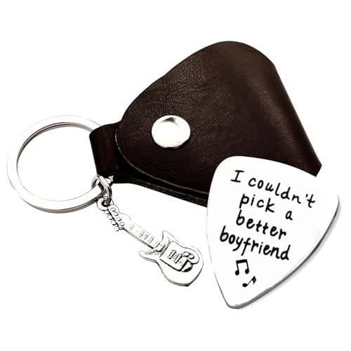 LUNIFY 1pc Stainless Steel Guitar Pick Black PU Leather Keychain I Couldn't Pick A Better...