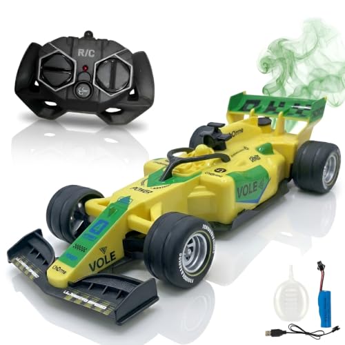 Image of WireScorts Rechargeable High Speed F1 Formula Racing Car with Smoke Spray and Lights for Kids, RC Car for 4-15 Years Old Boys, Racing Car for Kids, Smoke Mist Spray & LED Lights - Yellow