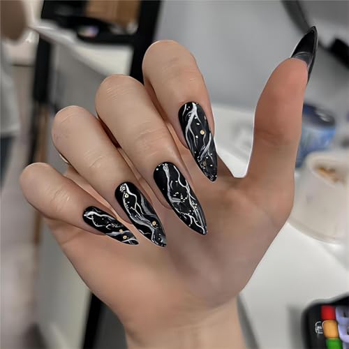 Rchovsam Black Marble Nails Press Ons Long Alomnd Tip Press on Nails Black Marble Design Fake Nails Full Cover Gel False Nails Kit for Womens 24pcs