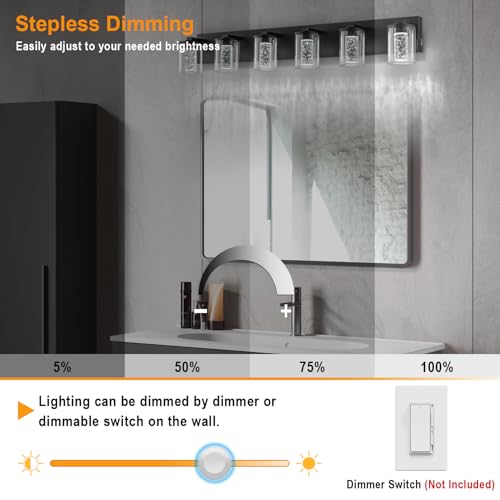 Image of SineRise Bathroom Vanity Light with 3 Color Modes (3000K /4000K /6000K), Eye Protection LED Bathroom Light Fixture, Dimmable Modern Wall Light Over Mirror with Clear Glass Shade (Black, 6-Light)