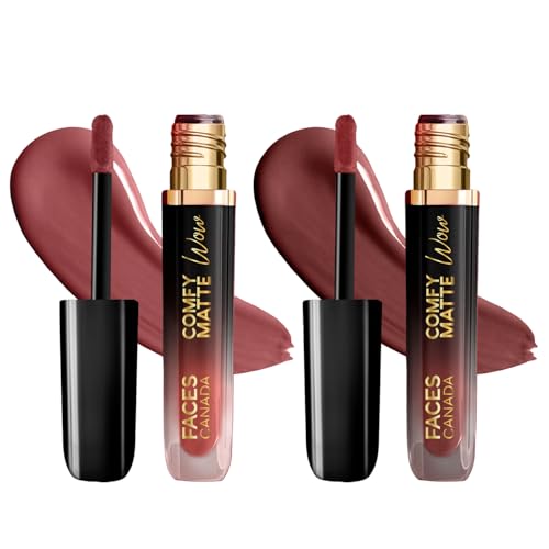 FACES CANADA Comfy Matte Wow Liquid Lipstick - The Latte Edit, (3.8ml x 2) | Choco Couture 01 + Cocoa Crush 07 | Long Lasting | Matte Finish | Lipstick Combo | Pack of 2