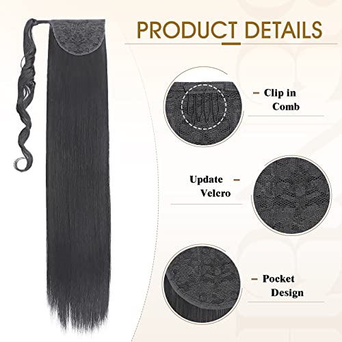 Benehair Ponytail Extension 32 Inches Long Wrap Around Ponytail Hair Extension Straight Synthetic Braid Extensions Clip in Hairpiece for Women Off Black - Image 2