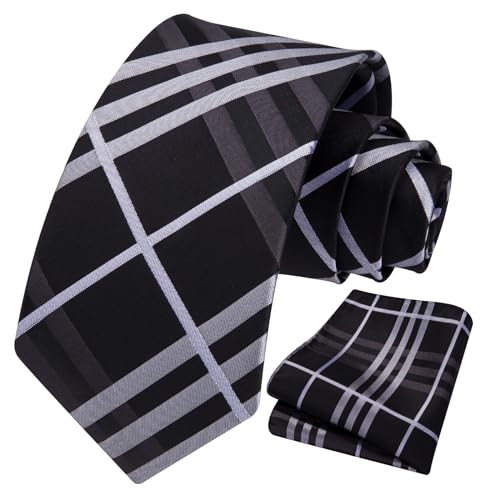 Image of HISDERN Ties for Men Formal Business Plaid Checked Mens Ties and Pocket Square Set Classic Wedding Necktie Handkerchief
