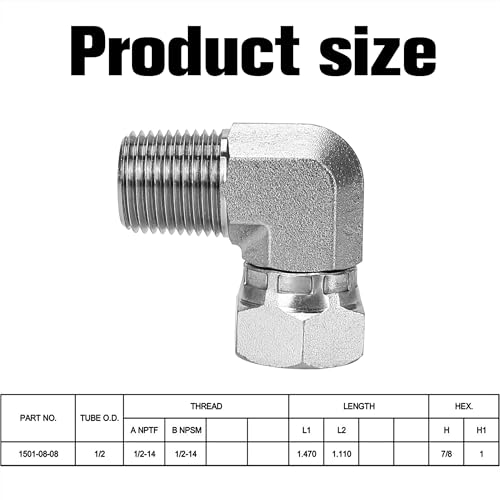 Image of 1501-08-08 Hydraulic Fitting 1 /2 inch Male (1 /2-14 NPTF) x 1 /2 inch Female (1 /2-14 NPSM) Swivel 90 Elbow SAE Pipe Joints Connector Carbon Steel Hose Adapter