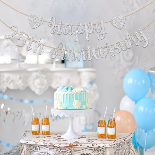 Image of Happy 25th Anniversary Banner 25th Wedding Anniversary Happy 25th Birthday Cheers to 25 Years Loved Party Decorations Silver Glitter