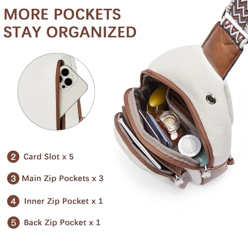 Image of BOSTANTEN Sling Bag Cross Body Bag Trendy Leather Crossbody Purse with Adjustable Guitar Strap for Travel, Beige
