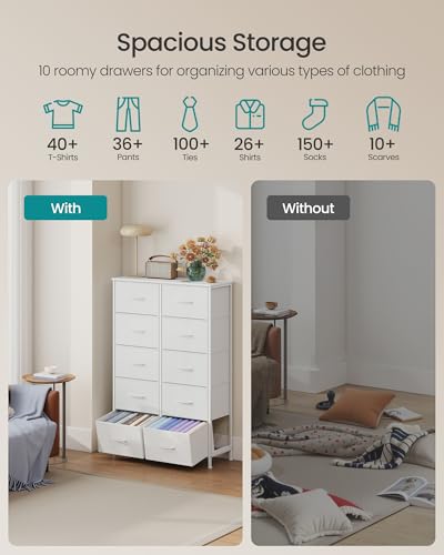 Image of SONGMICS BELLAH Collection - Dresser for Bedroom, Chest of Drawers, Storage Organizer Unit, Closet, Entryway, Steel, 10 Drawers, Modern, Cloud White and Snow White ULGS125W01S