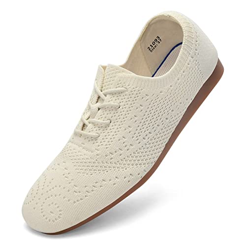 Konhill Women's Lace-Up Oxfords Flats Classic Knit Brogue Dress Walking Shoes Casual Sneakers 6.5 Us Beige #TOP6