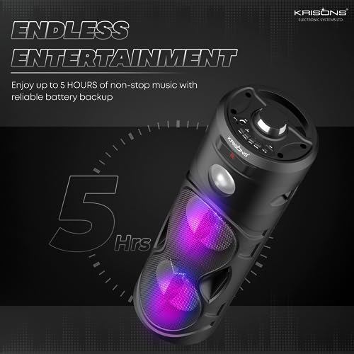 Image of Krisons Cylender 111 50W Portable Speaker with 4 inch Double Woofers, Free Wired Mic for Karaoke, in Built Torch, Remote Control with Bluetooth, FM, USB, Micro SD Card Connectivity (Black)