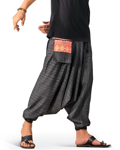Image of The Veshti Company Cotton Baggy Pants Drop Crotch Harems for Men's Loose Boho Oversized Striped Meditation Yoga Pant with Pocket