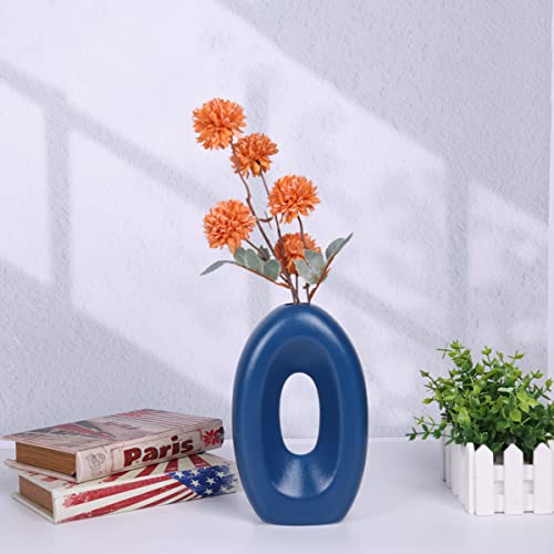 Blue Ceramic Vase Set-4 For Modern Home Decor, Matte Navy Blue Hollow Flower Vase For Pampas Grass, Minimalist Boho Decor Donut Vase For Centerpieces,Mantel,Shelf,Entryway,Bookshelf,Dinner Table Decor #TOP5