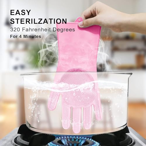 Image of KASHIVAL Silicone Dish Washing Gloves for Kitchen, Dishwashing, Pet Grooming, Car and Bathroom Cleaning (Pack of 2 Pairs, 4 Gloves)
