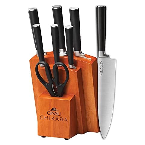 Ginsu Chikara Series Forged 8-Piece Japanese Knife Set - Premium Cutlery Set with 420J Stainless Steel Kitchen Knives and Toffee Bamboo Block Cover