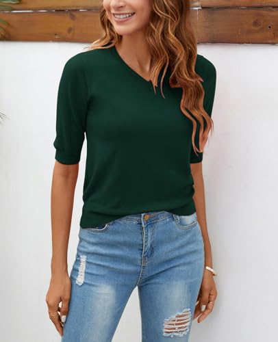 Image of Women Summer Knit Shirt Blouse V Neck Short Sleeve Pullover Sweater Tops