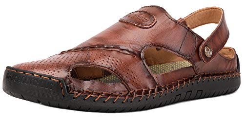 JIONS Mens Hand Stitching Outdoor Closed Toe Leather Sandals, Adjustable Heel Strap Slip on Sandals Beach Slippers Shoes