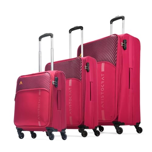 Image of Aristocrat Striker Set of 3 Cabin, Medium & Large Size Soft Luggage (59 cm, 69 cm & 79 cm) | Spacious Polyester Trolley with 4 Wheels and Combination Lock | Dazzling Maroon | Unisex