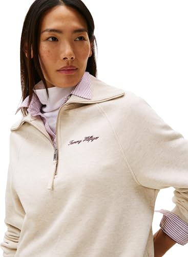 Tommy Hilfiger Damen Sweatshirt mit Reißverschluss Classic Script Fleece Half-Zip, Elfenbein (Heather Oatmilk), XXS – Ansicht 3
