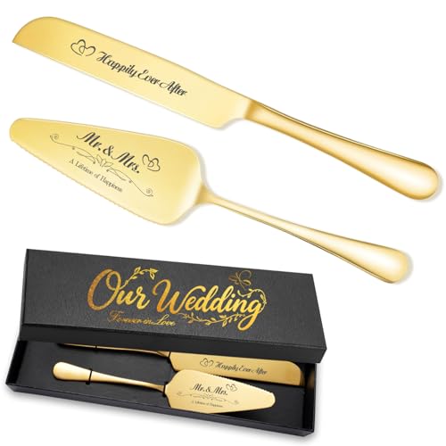 Personalized Wedding Cake Knife and Server Set Stainless Steel Gold Cake Cutting Set, Elegant Bridal Pastry Knife, Marriage Gift Custom Bridal Anniversary Birthday Graduation Gifts (Non-customized)