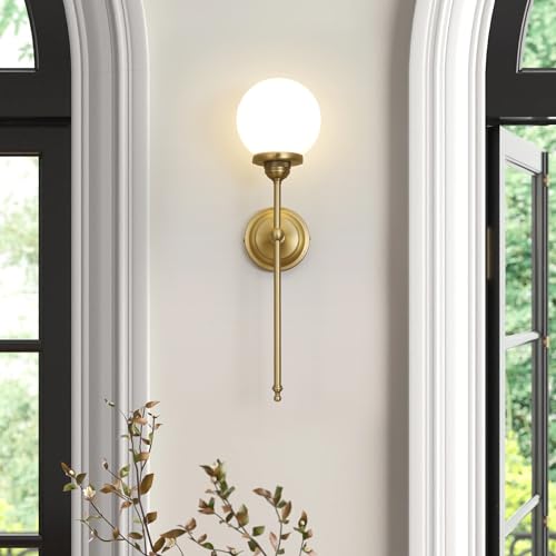 Image of Yosoan Indoor Milk Glass Wall Sconce Set of 2, Brass Modern Vintage Industrial Fixture Lights Hardwired with Round Glass Shade Lamp for Bathroom Mirror Living Room Bedside Bedroom Hallway(Antique)