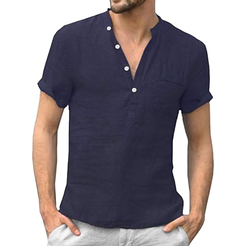 Men Half Button Thin Street Shirt Classic Stand Collar Simple Style T Shirts Summer Solid Front Pocket Daily Tops (Dark Blue,Medium)