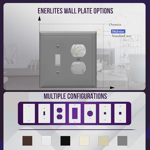 Image of ENERLITES Combination Toggle Light Switch /Duplex Receptacle Outlet Wall Plate, Mid-Size 2-Gang 4.88 inch x 4.92 inch, Polycarbonate Thermoplastic, 881121M-GY, Gray