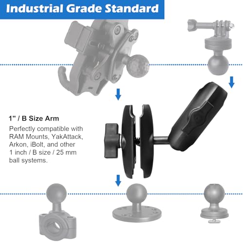 WINDFRD Aluminum 2-in-1 Double Socket Arm with 1\" Ball, Compatible with RAM Mount, iBolt 1 inch/B Size / 25mm Ball Accessories, 360 Degree Rotation, Adjustable Dual Mount Arm