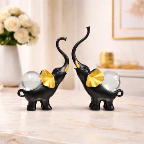 Image of ARMONIA Set of 2 Lucky Elephant Showpiece for Home Decor |Black Polystone Elephant with Detachable Crystal Glass Ball |Vaastu Feng Shui Elephant Idol for Living Room,Office,Entrance | Gift for Wedding