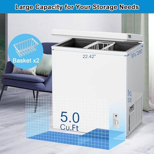rosmena Chest Freezer, Deep Freezer 5 Cubic Feet with Removable Baskets & 6 Adjustable Temperature & Top Open Door, White Mini Deep Freezer Compact Freezer Suitable for Apartments(Down to -18°F) by rosmena - Image 2