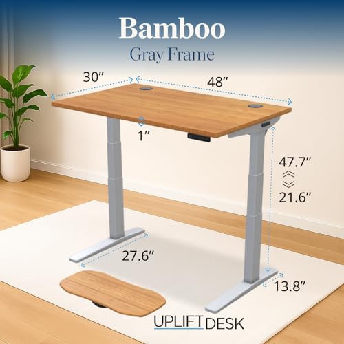 Image of UPLIFTDESK Bamboo (48 x 30 inch) Standing Desk 2-Leg V3 Adjustable Stand Up C-Frame (Gray), Advanced Keypad, Wire Grommets, Wire Tray, Rocker Board