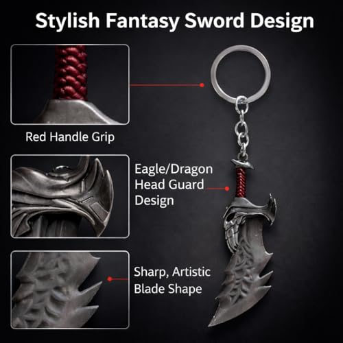 Image of BLUE WARRIOR God of war keychain (Silver) - Fantasy Winged Dagger Keychain - Antique Gold Mini Sword Key Ring with Red Handle - Metal Collectible Key Holder for Men, Women, Gamers & Gift Giving