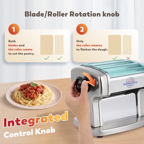Miniatura 4 de Moongiantgo Máquina Pasta Eléctrica Profesional, Acero Inoxidable, Con Cortador Redondo De 2,5 Mm Y Plano De 4 Mm, Ajuste De Espesor De 9 Velocidades 0,5-5 Mm, Para Fettuccine, Tagliolini, Ravioli
